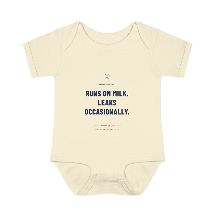 Runs On Milk. Leaks Occasionally. — Auto Tech Baby Bodysuit — alternate view