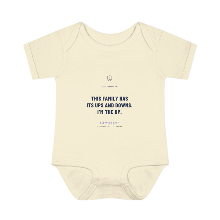 This Family Has Its Ups And Downs. I'm The Up. — Elevator Mechanic Baby Bodysuit — alternate view