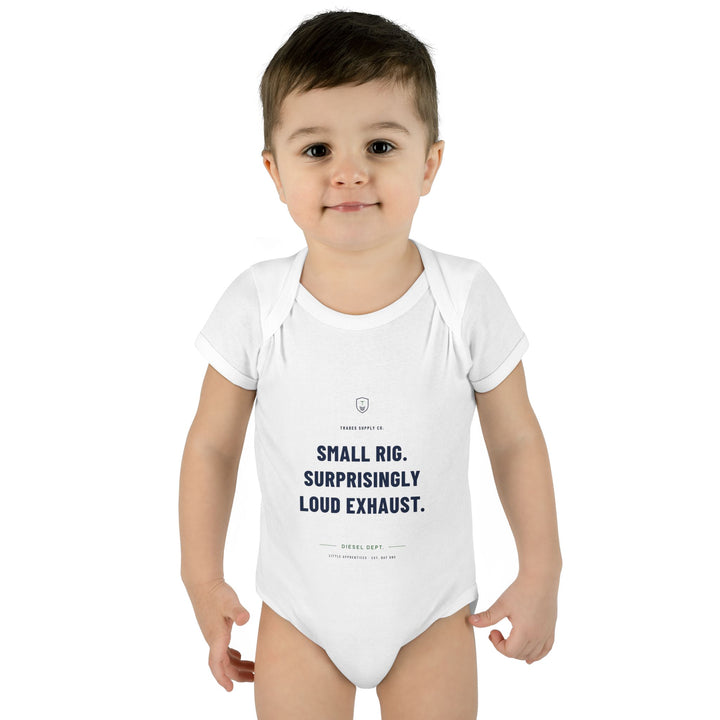 Small Rig. Surprisingly Loud Exhaust. — Diesel Tech Baby Bodysuit — view 4