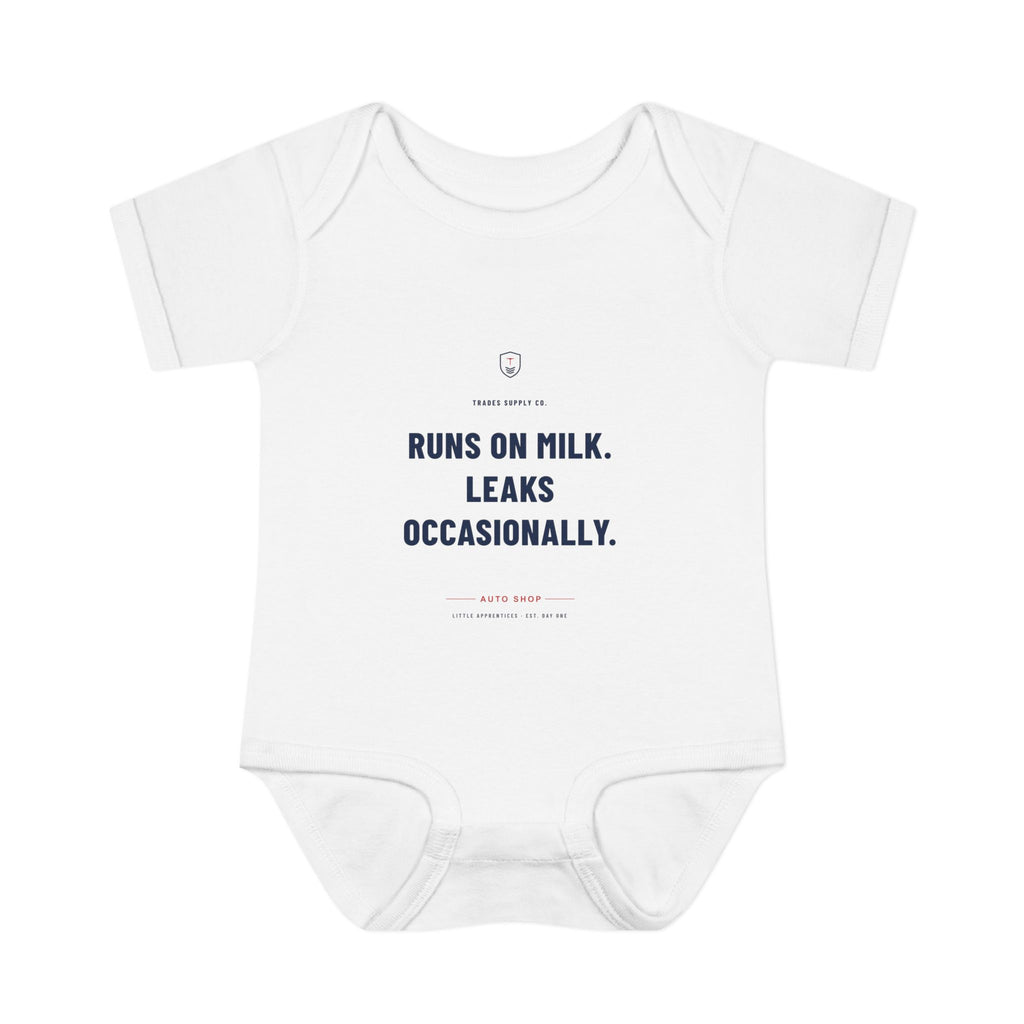 Runs On Milk. Leaks Occasionally. — Auto Tech Baby Bodysuit