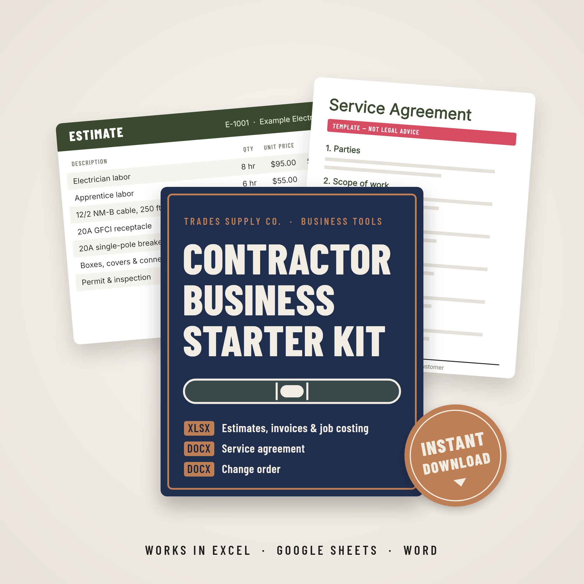 Contractor Business Starter Kit: estimate spreadsheet, service agreement and change order templates. Instant download.